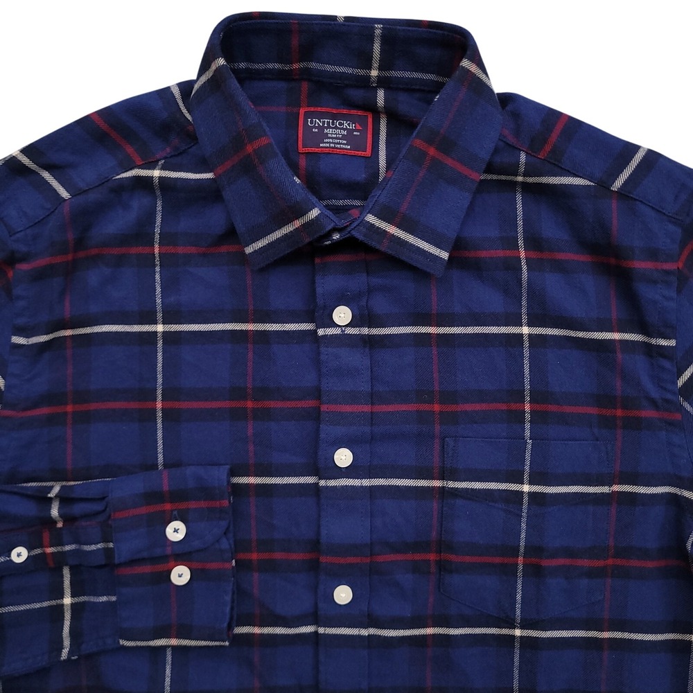 UNTUCKit Shirt Mens Medium Blue Plaid Flannel Slim Fit Andes Button Up